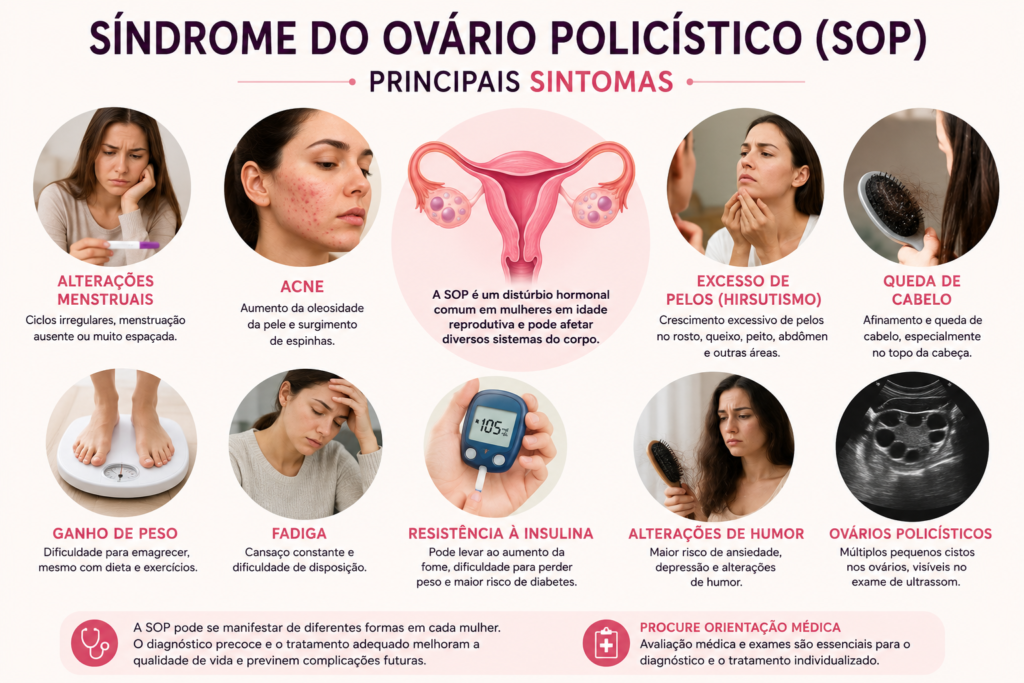 Ilustração dos sintomas de um ovário normal com um ovário policístico (SOP)
