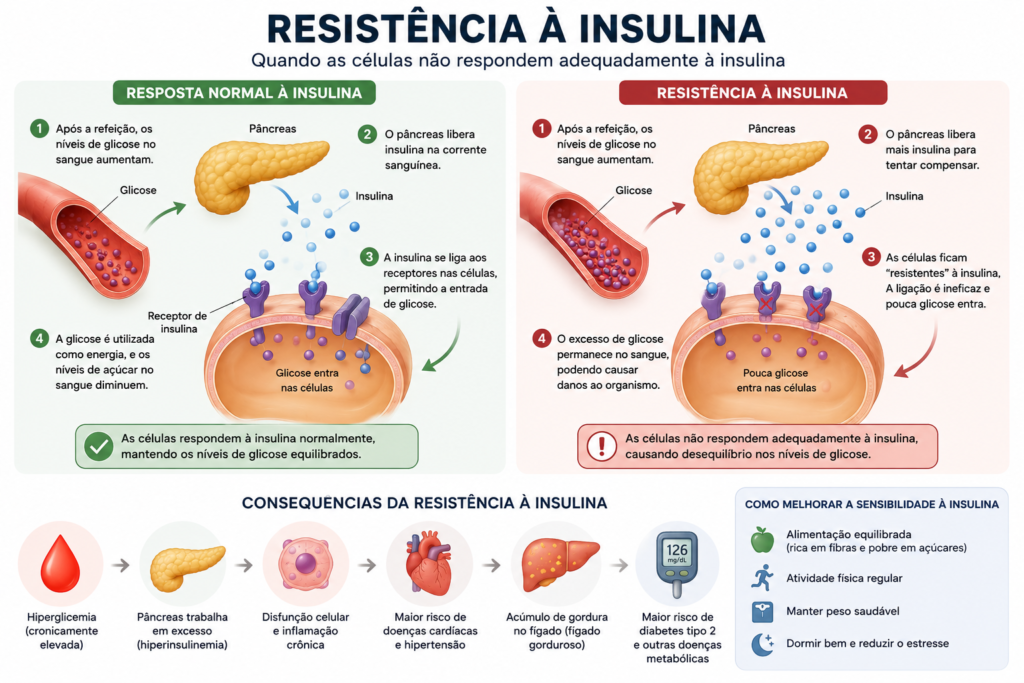 Infográfico educativo sobre resistência à insulina, comparando a resposta normal do organismo com a resistência insulínica.
Mostra a ação da glicose, o papel do pâncreas na produção de insulina, a interação com as células, e as consequências metabólicas relacionadas à SOP e ao diabetes tipo 2, destacando os desafios no controle de açúcar no sangue e suas implicações para a saúde geral.