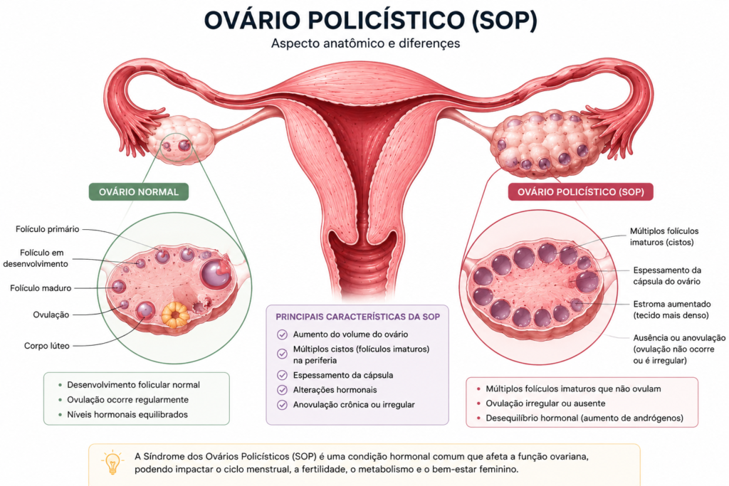 Ilustração anatômica do sistema reprodutor feminino comparando um ovário normal com um ovário policístico (SOP), mostrando múltiplos folículos imaturos, aumento do volume ovariano e alterações relacionadas à Síndrome dos Ovários Policísticos.