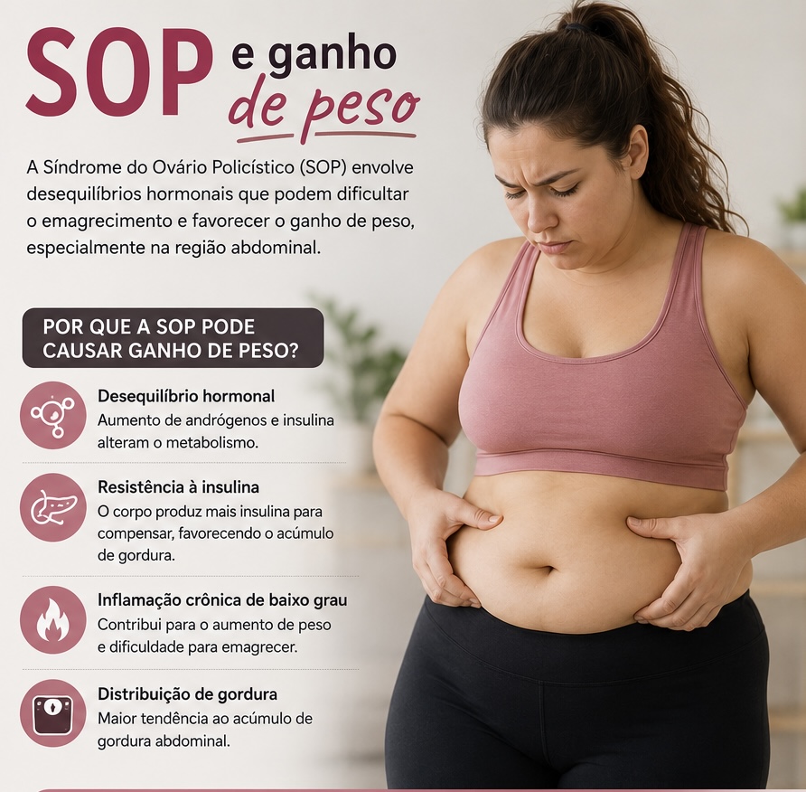 Inclui explicações sobre o desequilíbrio hormonal, resistência à insulina, inflamação crônica e acúmulo de gordura abdominal, fatores frequentemente relacionados à Síndrome dos Ovários Policísticos (SOP) e seus impactos na composição corporal e metabolismo.