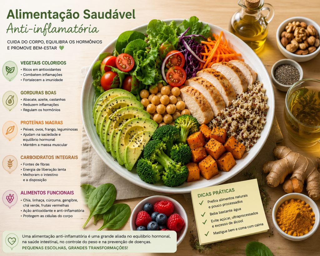 Imagem educativa sobre alimentação saudável anti-inflamatória, com prato colorido contendo vegetais, abacate, frango, grãos integrais e alimentos funcionais, destacando benefícios para equilíbrio hormonal, redução da inflamação e saúde metabólica.