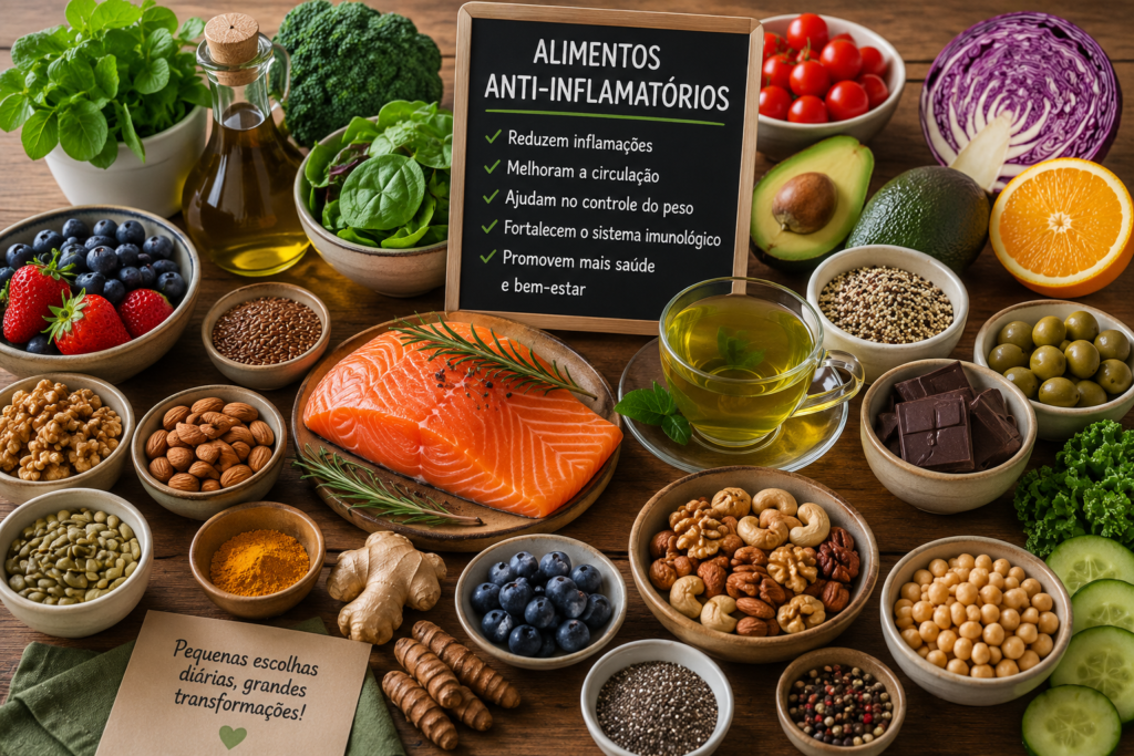 Mesa com alimentos anti-inflamatórios ricos em nutrientes, incluindo salmão, azeite de oliva, frutas vermelhas, vegetais, castanhas, sementes e chá verde, frequentemente recomendados como parte de uma alimentação saudável para pacientes com lipedema.
