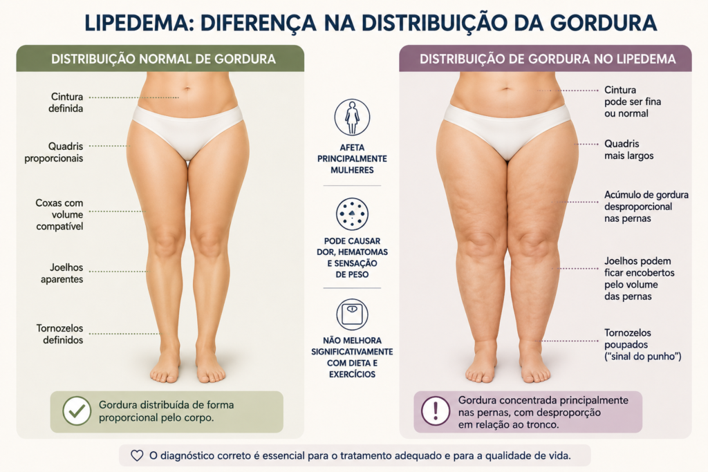 Comparação entre distribuição normal de gordura corporal e lipedema, mostrando acúmulo desproporcional de gordura nas pernas e quadris, com preservação relativa dos pés e diferença em relação ao tronco.