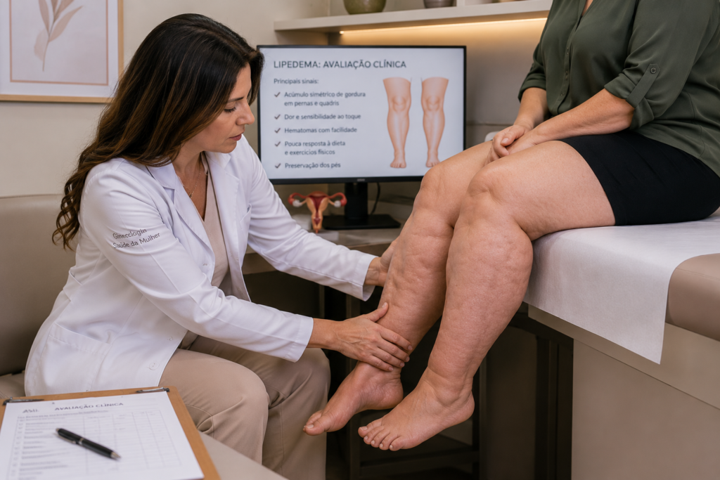 Texto alternativo (ALT TEXT):
Médica realizando avaliação clínica das pernas de uma paciente com suspeita de lipedema durante consulta especializada. A imagem destaca o exame físico dos membros inferiores, etapa fundamental para o diagnóstico e definição do tratamento individualizado.