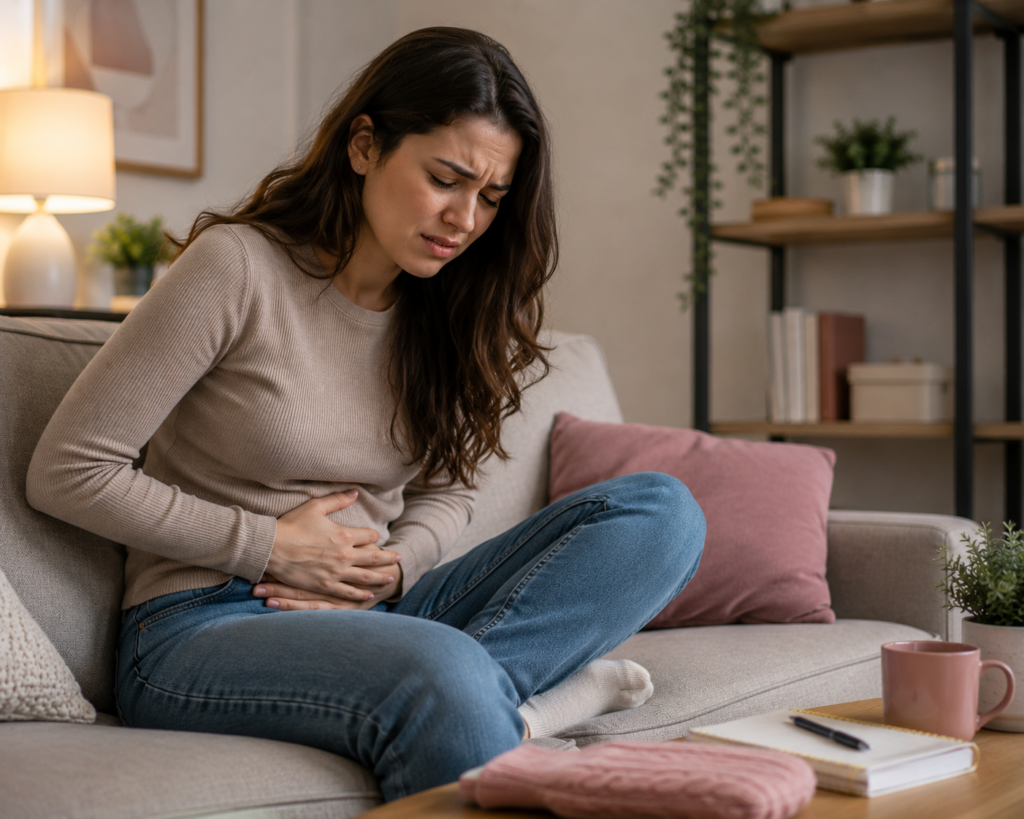 Mulher sentada no sofá segurando a barriga com expressão de desconforto menstrual em ambiente aconchegante.