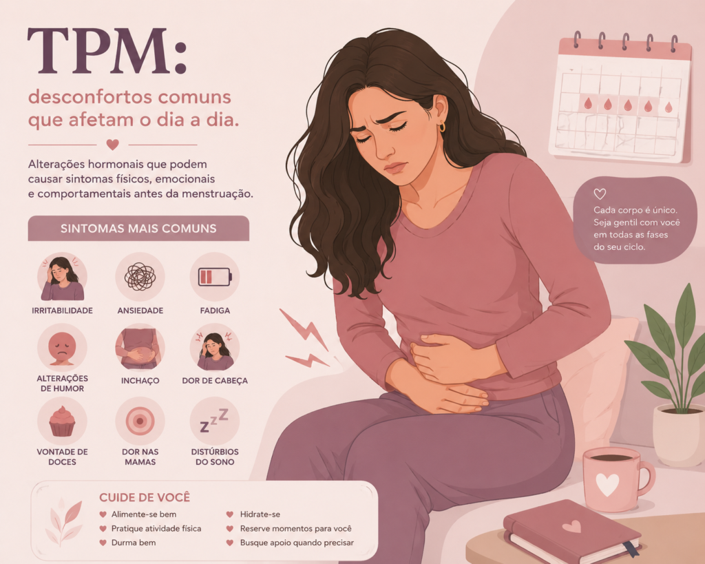 Ilustração educativa sobre TPM mostrando mulher com desconforto menstrual e sintomas como irritabilidade, ansiedade, fadiga, inchaço e alterações de humor.