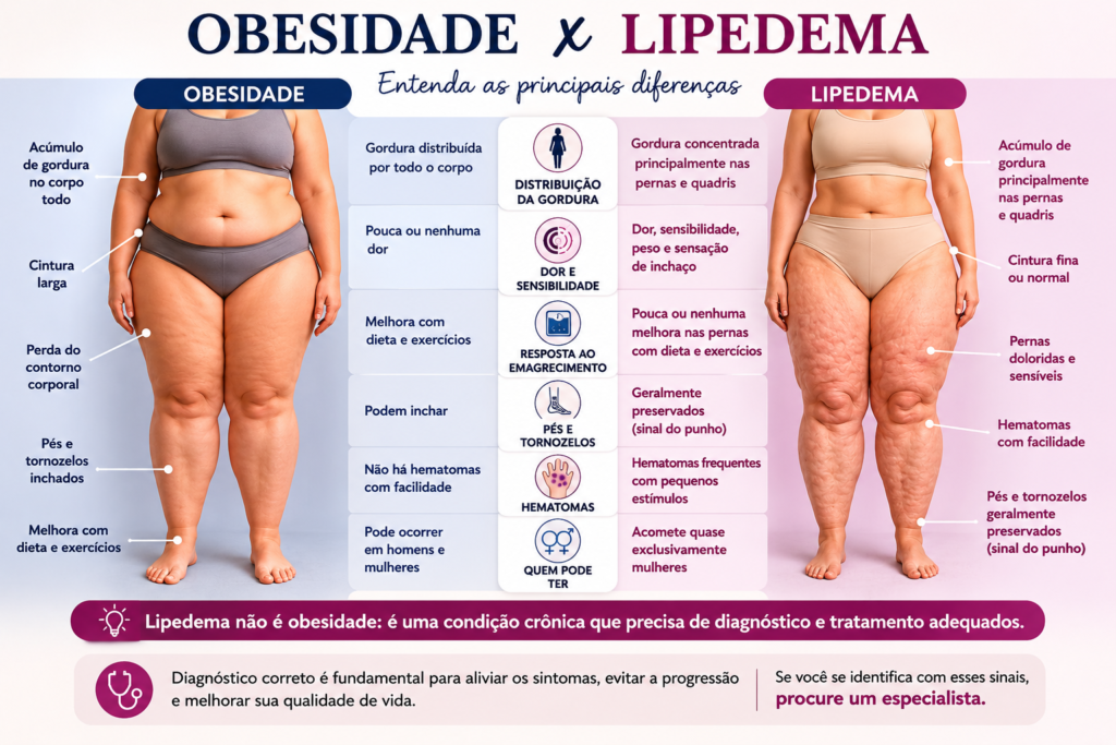 Embora possam coexistir, obesidade e lipedema são condições diferentes. No lipedema, a gordura se acumula principalmente nas pernas e quadris, costuma causar dor, sensibilidade e hematomas frequentes, além de apresentar pouca resposta à dieta e aos exercícios.