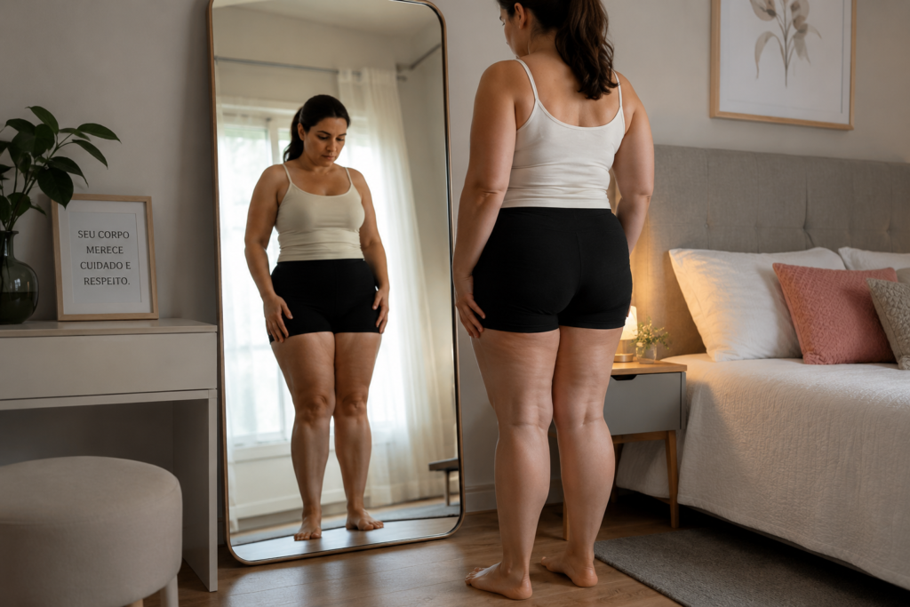 Mulher observando as pernas em frente ao espelho, evidenciando desproporção entre tronco e membros inferiores, característica frequentemente associada ao lipedema.