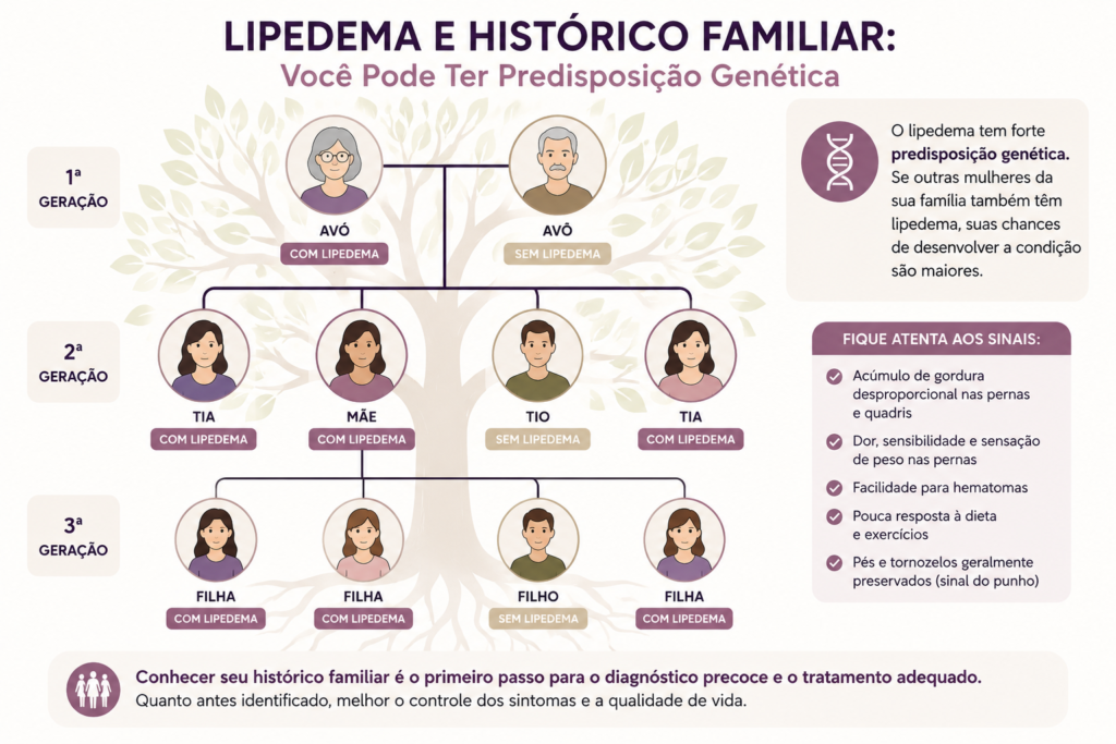 nfográfico sobre predisposição genética ao lipedema mostrando uma árvore genealógica com várias mulheres da mesma família acometidas pela condição, ilustrando a influência do histórico familiar no desenvolvimento do lipedema.