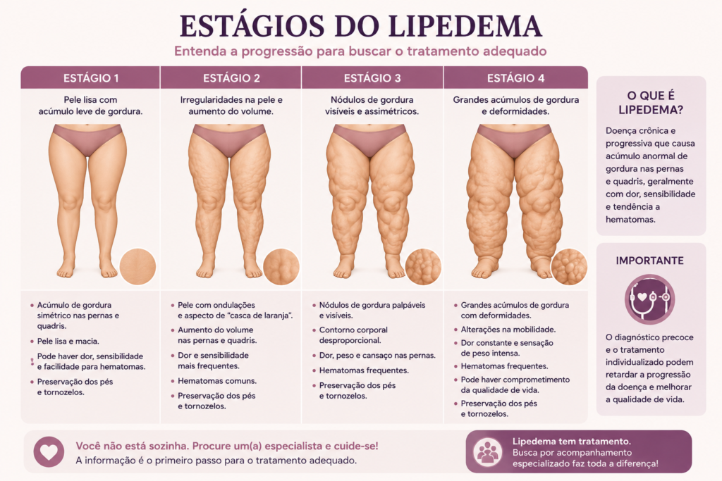 nfográfico ilustrando os quatro estágios do lipedema, desde o acúmulo leve e simétrico de gordura nas pernas até formas mais avançadas com aumento importante do volume, irregularidades da pele e comprometimento funcional.