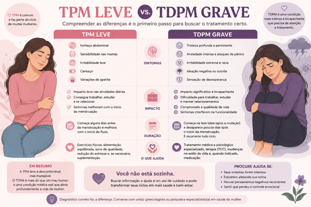 Infográfico comparando TPM e TDPM, mostrando sintomas, impacto emocional, duração e diferenças entre tensão pré-menstrual e transtorno disfórico pré-