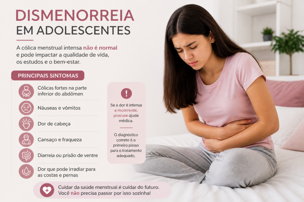 “Sintomas da dismenorreia em adolescentes – cólica menstrual forte”
