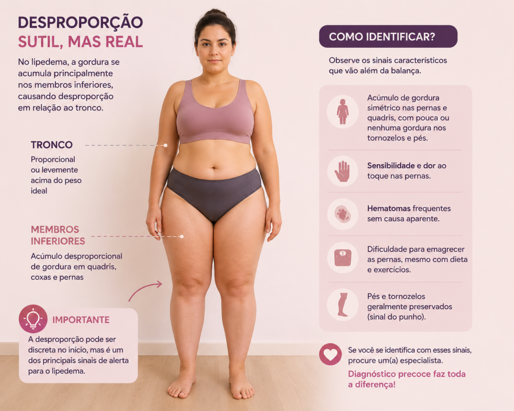 Texto alternativo (ALT TEXT):
Mulher com discreta desproporção entre tronco e membros inferiores, característica inicial frequentemente observada no lipedema. A imagem destaca o acúmulo simétrico de gordura em coxas e pernas, preservando pés e tornozelos.