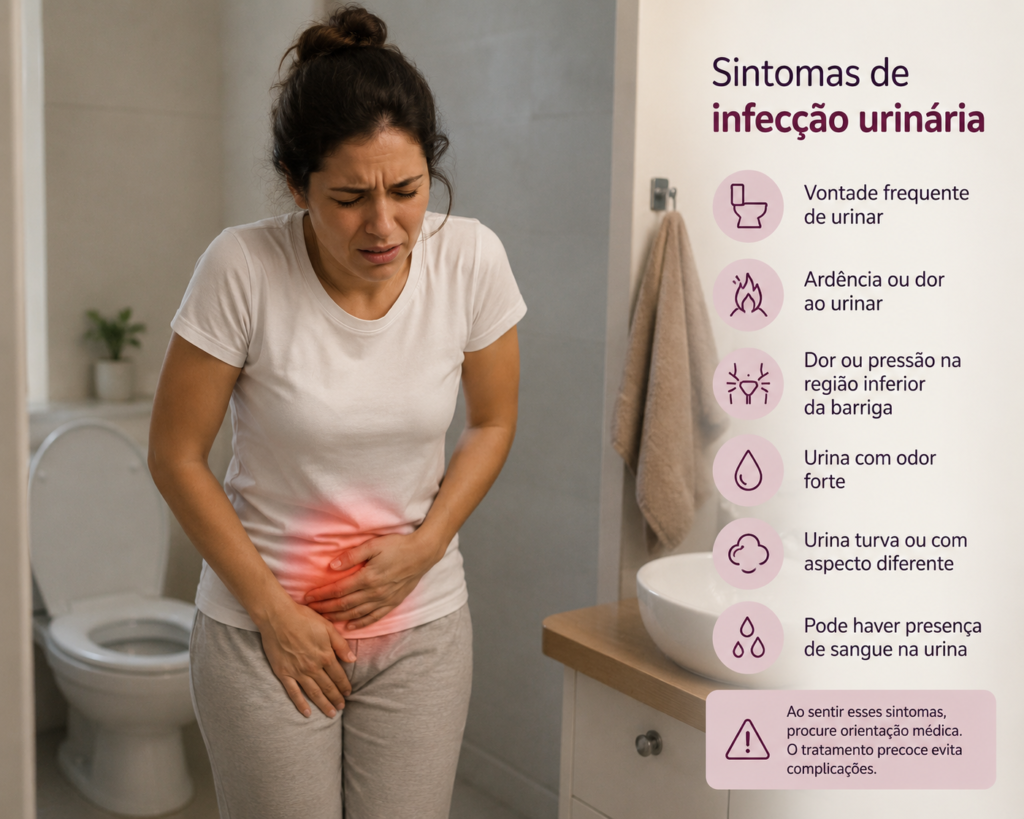 Mulher em um banheiro segurando a região inferior da barriga com expressão de dor, ilustrando sintomas de infecção urinária. Ao lado, há um painel informativo com sintomas como ardência ao urinar, vontade frequente de urinar, dor abdominal, urina turva e presença de sangue na urina.
