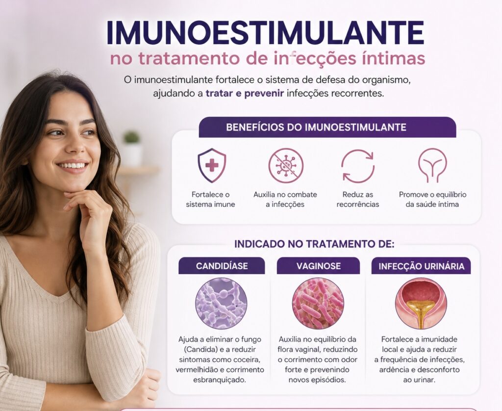 magem informativa sobre o uso de imunoestimulante no tratamento de infecções íntimas. A arte mostra uma mulher sorrindo ao lado de informações sobre benefícios do fortalecimento imunológico para candidíase, vaginose bacteriana e infecção urinária, com ícones médicos e explicações educativas em tons suaves de rosa e roxo.
