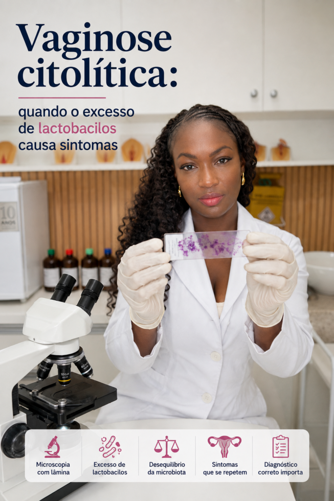 Profissional analisando lâmina de secreção vaginal ao microscópio para investigação de vaginose citolítica.