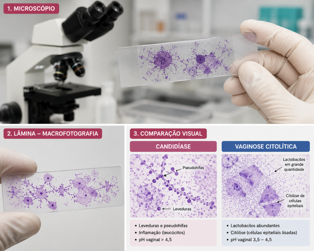 Lâmina de secreção vaginal segurada com luvas diante de microscópio para análise da microbiota vaginal.
