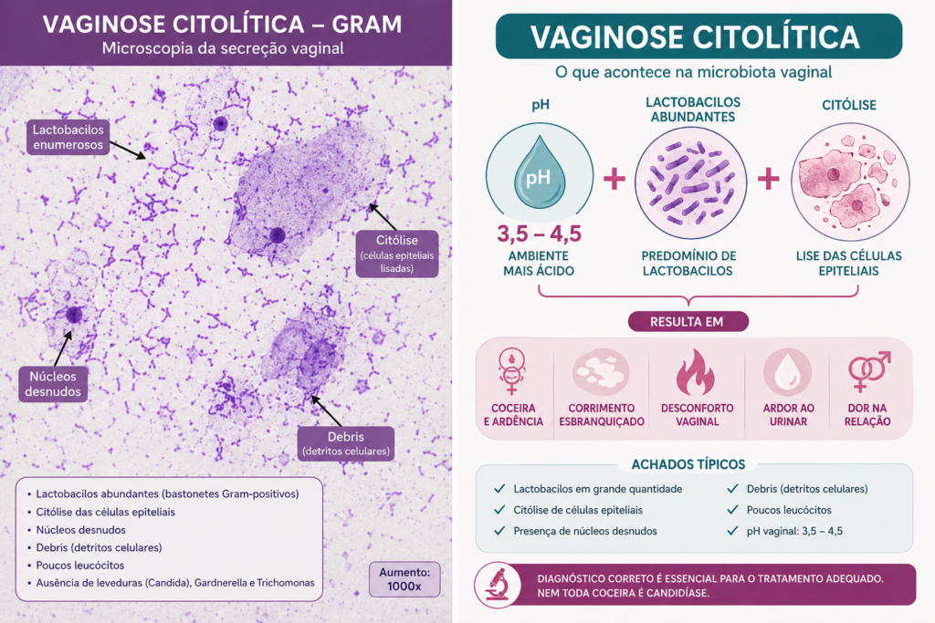 Microscopia com coloração de Gram mostrando lactobacilos abundantes, citólise, núcleos desnudos e debris celulares na vaginose